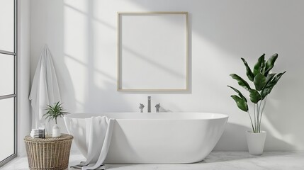 Fototapeta premium Poster frame mockup in white cozy bathroom interior background