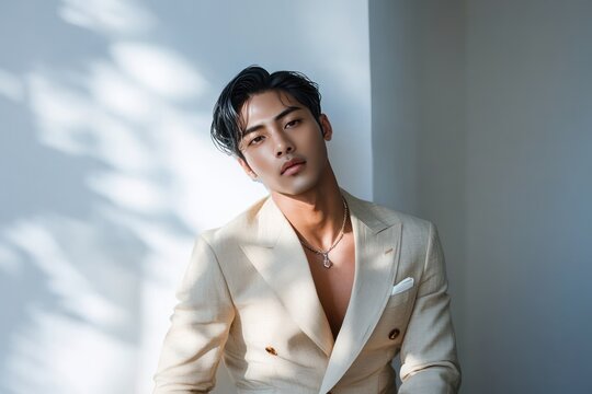 Man Portrait Skincare Fashion Natural Beauty Chic Beige Suit Calm Elegant