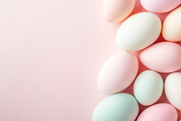 Pastel-colored Easter eggs arranged on a pastel pink background with copy space.