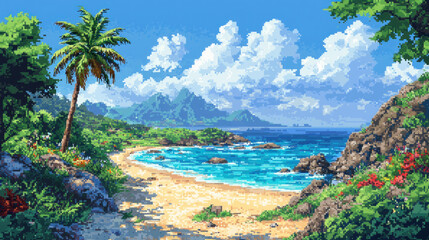 Fototapeta premium Pixel art of a tropical beach with palm trees, blue ocean, and mountains.