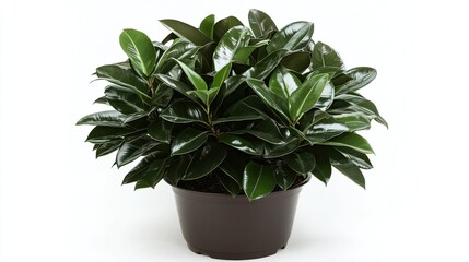 Obraz premium Lush green rubber plant in pot, white background, indoor plant.