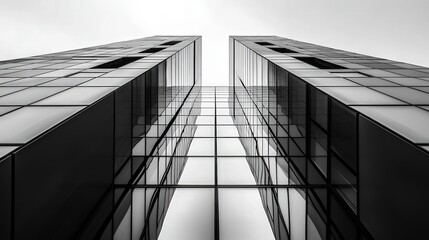A striking view of two modern glass skyscrapers, captured from below, emphasizing their sleek design against a cloudy sky.