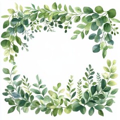 Elegant Greenery Border with Watercolor Leaves, Generative AI