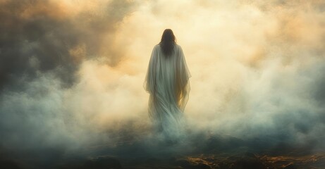 Jesus Christ in the Garden of Gethsemane: A Serene Figure in White Robes Walking Through Fog Seeking God's Strength and Submission