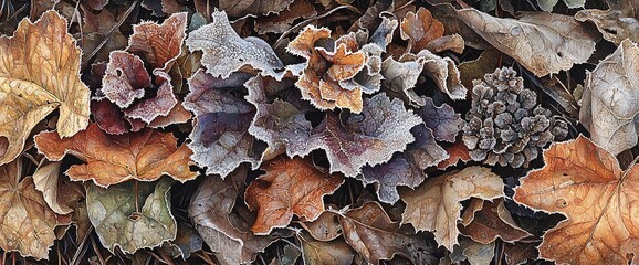 Frost-covered autumn leaves and pine cone on forest floor.