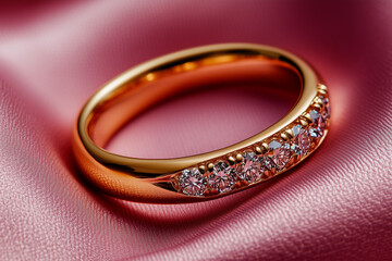 Gold Ring with Diamond Accents on Pink Satin