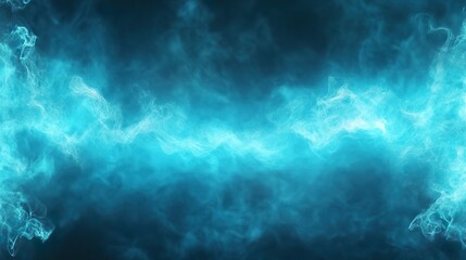 Fototapeta premium Realistic thunder light and blue smoke cloud bottom frame. Mysterious lightning glow border wide panoramic element. Fluffy magic spell mist glowing with bolt energy charge overlay turquoise design