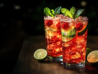 Two refreshing cocktails with mint, strawberries, and lime on a wooden table.