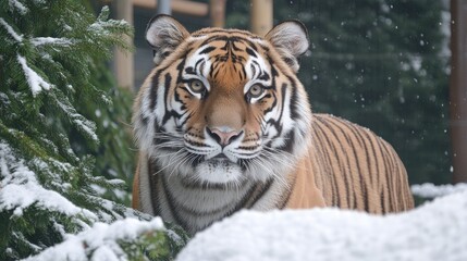 Obraz premium A majestic tiger stands in a snowy landscape, surrounded by trees, showcasing its beauty.