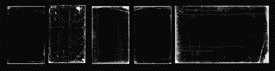 ПечатA set of four distressed photo edges with transparent backgrounds, giving a vintage, worn look. Perfect for adding a grunge, aged style to pictures or design projects. Editable vector illustratiь