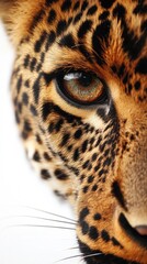 Close-up of a leopard's face, showcasing its striking eye and distinctive fur patterns.