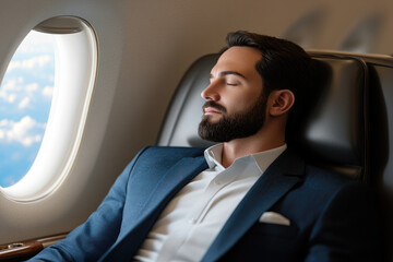Luxury travel experience, businessman enjoying relaxation on a private jet, showcasing opulence and comfort during flight.