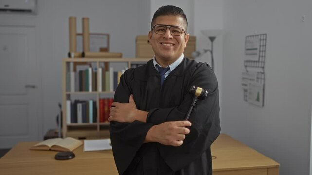 Young hispanic man in judge's robe holding a gavel confidently poses in an office with law books and a modern interior background.