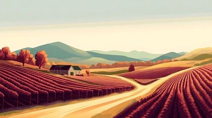Autumn Vineyard Landscape With Farmhouse And Rolling Hills