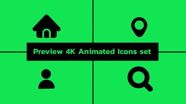 4K green screen animated icons: home, pin, man, avartar, search and magnifier. Perfect for video editing, presentations, and creative projects. Chroma key ready and customizable."