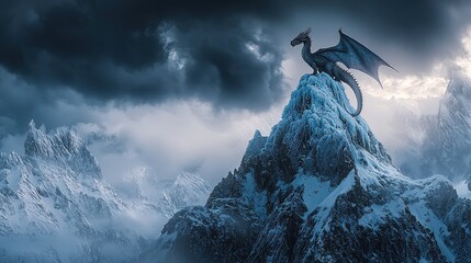 A majestic dragon perches atop a snowy mountain, surrounded by dramatic clouds and a mystical landscape.