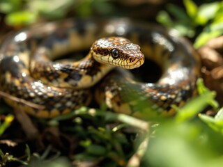 Obraz premium Close-Up of a Coiled Brown and Black Patterned Snake in Natural Habitat