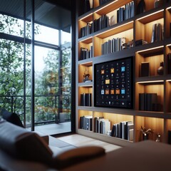 Smart home control panel in a cozy library reading nook with warm lighting quiet atmosphere and literary ambiance