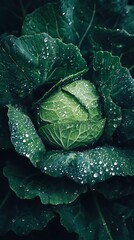 Obraz premium Cabbage with dew drops on dark background, close-up