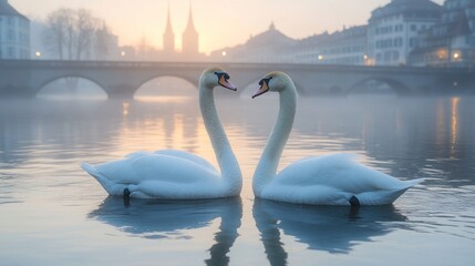 Fototapeta premium Two swans gracefully gliding on a misty river at dawn, creating a serene atmosphere.