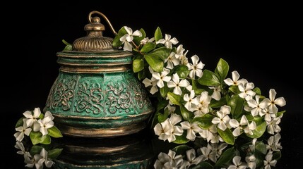 A decorative antique pot surrounded by fragrant white flowers on a dark surface.
