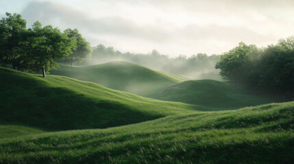 Fototapeta premium A quiet green hillside merging seamlessly into a foggy forest, where the mist blurs the lines