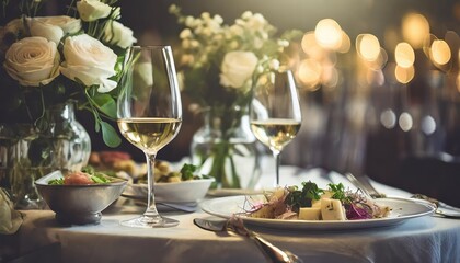 Elegant Restaurant Table Setting with Wine Glass and Appetizers Under Soft Lighting A Perfect Ambiance for Dining and Socializing