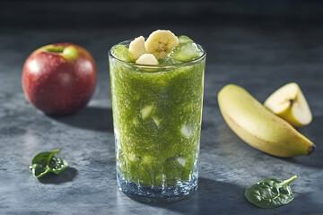 Refreshing green smoothie in glass with apple, banana, and spinach.  Healthy drink concept.
