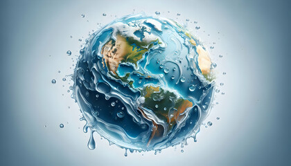 PLANET A liquid Earth with visible continents of North and South America, surrounded by water droplets, set4