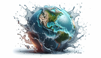 PLANET A liquid Earth with water droplets and splashes around, the Americas continents clearly visible, iso2