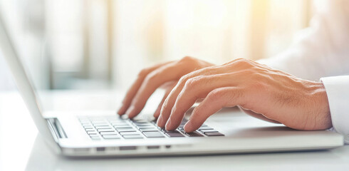 Close-up of hands typing on a laptop keyboard in bright light