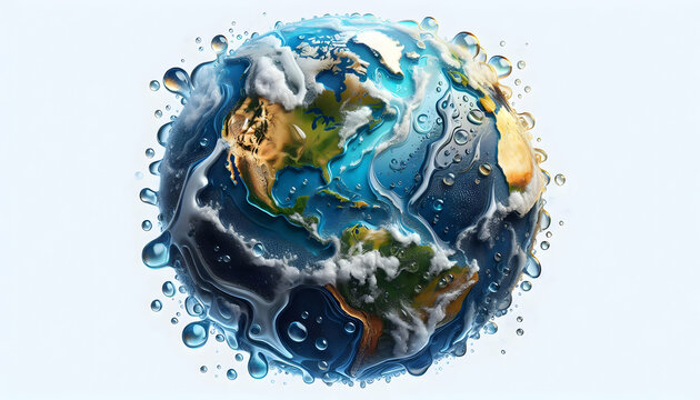 PLANET A liquid Earth with water droplets and splashes around, the Americas continents clearly visible, iso1