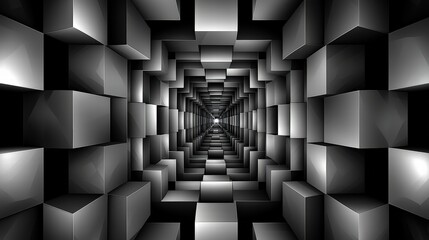 A dark, geometric tunnel of 3D cubes converging to a point, creating a sense of depth and perspective.