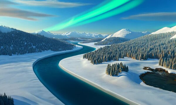 Winter Landscape with Winding River and Aurora Borealis