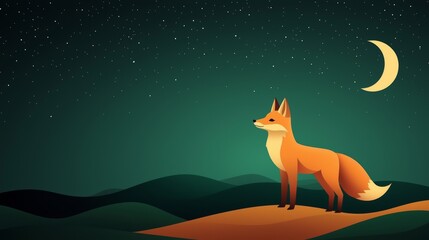 A stylized fox stands on a hill under a starry night sky, illuminated by a crescent moon, surrounded by rolling hills.