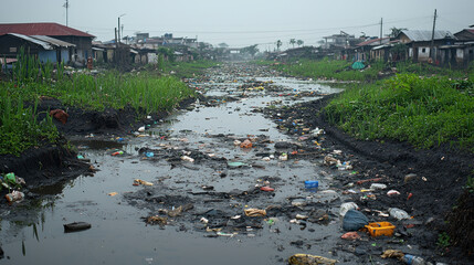 Polluted canal with trash in slum.