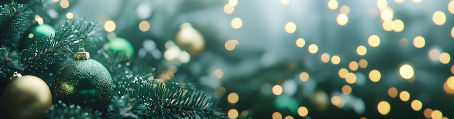 Elegant New Year Christmas tree with green balls on the background of blurred lights. Banner concept of holiday card, web background, wallpaper and backdrops with place for text, celebrating New Year 