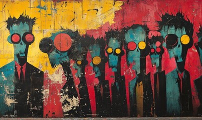 Abstract mural; stylized figures, vibrant colors.