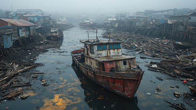 Derelict boat on polluted canal in impoverished slum.