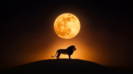 A majestic lion stands silhouette against a large, glowing full moon, creating a striking and serene nighttime scene.