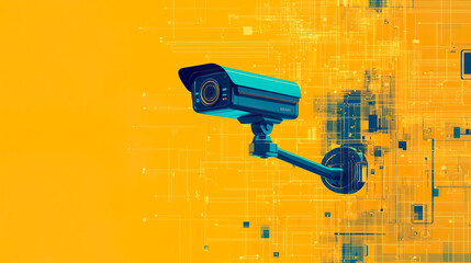 Surveillance camera monitoring on yellow background, AI security and control