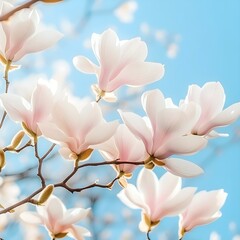 Fototapeta premium Close-up of delicate pink magnolia blossoms against a bright blue sky, bathed in sunlight. Springtime floral beauty.