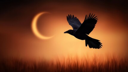 Fototapeta premium A silhouetted bird flies against a dramatic sunset featuring a crescent moon, creating a mystical and tranquil atmosphere.