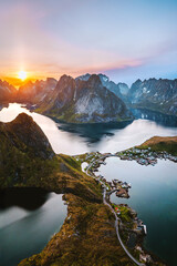 Lofoten islands landscape in Norway aerial view sunset mountains and fjord from Reinebringen summit travel scandinavian landmarks nature scenery, midnight sun summer season 