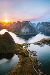 Fotobehang Lofoten islands landscape in Norway aerial view sunset mountains and fjord from Reinebringen summit travel scandinavian landmarks nature scenery, midnight sun summer season  © EVERST