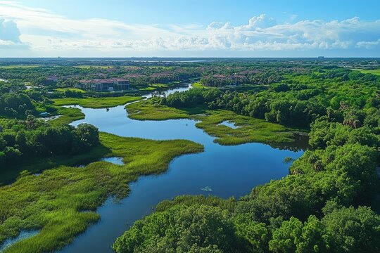 Aerial view of lush coastal wetlands 
