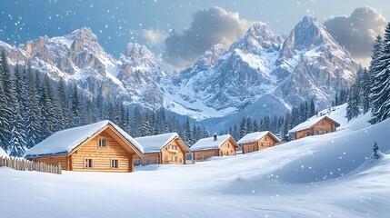 Fototapeta premium Wooden Cabins Nestled In Snowy Mountain Valley
