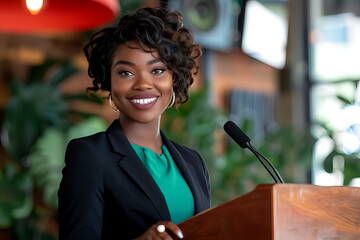 A woman in a suit and green blouse is standing in front of a podium