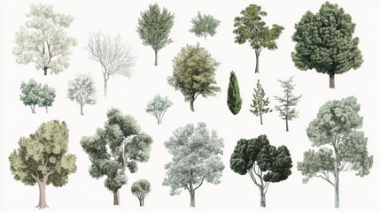 Fototapeta premium 62.A highly detailed vector illustration showcasing a diverse set of trees, each with unique shapes, sizes, and leaf textures, isolated on a white background. The variety includes deciduous and