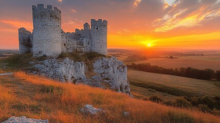Fototapeta premium Majestic Castle Ruins at Sunset Over Rolling Hills